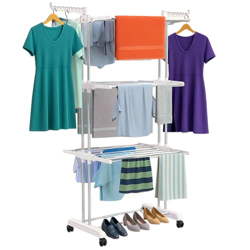 H Houseware Foldable Clothes Drying Stand | 3-Tier Stainless Steel Heavy-Duty Clothes Dryer with Wheels & Hanger Slots | Rust-Proof for Indoor & Outdoor Balcony Use (121.9 x 68.6 x 167.6 cm) - Image 1