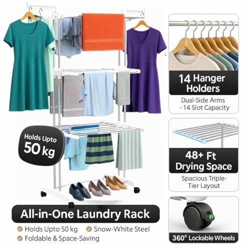 H Houseware Foldable Clothes Drying Stand | 3-Tier Stainless Steel Heavy-Duty Clothes Dryer with Wheels & Hanger Slots | Rust-Proof for Indoor & Outdoor Balcony Use (121.9 x 68.6 x 167.6 cm) - Image 3