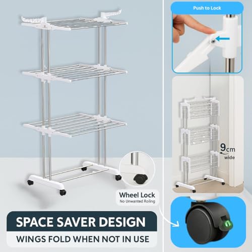 H Houseware Foldable Clothes Drying Stand | 3-Tier Stainless Steel Heavy-Duty Clothes Dryer with Wheels & Hanger Slots | Rust-Proof for Indoor & Outdoor Balcony Use (121.9 x 68.6 x 167.6 cm) - Image 4
