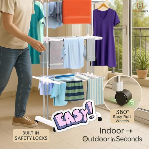 H Houseware Foldable Clothes Drying Stand | 3-Tier Stainless Steel Heavy-Duty Clothes Dryer with Wheels & Hanger Slots | Rust-Proof for Indoor & Outdoor Balcony Use (121.9 x 68.6 x 167.6 cm) - Image 5