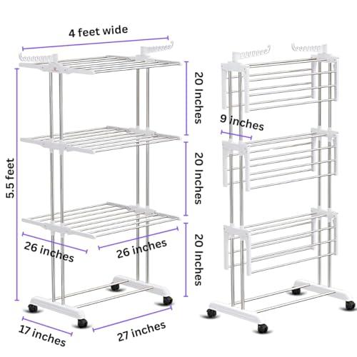 H Houseware Foldable Clothes Drying Stand | 3-Tier Stainless Steel Heavy-Duty Clothes Dryer with Wheels & Hanger Slots | Rust-Proof for Indoor & Outdoor Balcony Use (121.9 x 68.6 x 167.6 cm) - Image 2