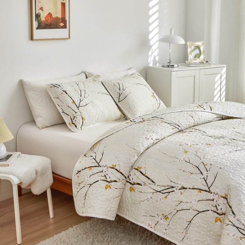 Uozzi Bedding Quilt Set King Size Cream White with Black Branch Bedding Set 88x88 Soft Microfiber Lightweight Coverlet Bedspread Summer 3 Pc Bed Cover for (1 Quilt+ 2 Shams) - Image 4