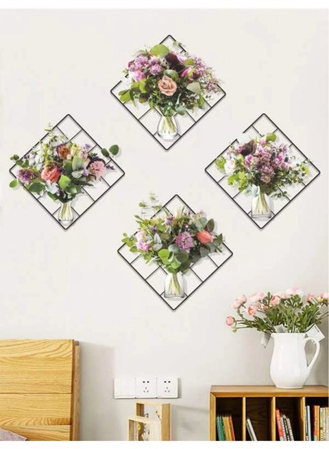 مجموعة من 4 ملصقات حائط ثلاثية الأبعاد على شكل زهور مؤطرة، قابلة للإزالة، قابلة للإزالة، ذاتية اللصق، ديكور منزلي فني جداري منعش لغرفة المعيشة