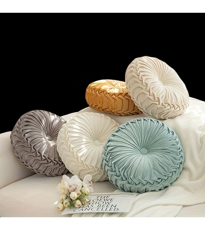 Navy Blue 40cm Round Velvet Pumpkin Cushion with Zipper Sofa Bed Chair Pillow - Image 1