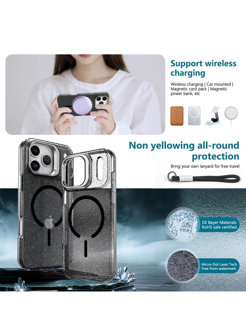X-level iPhone 17 Pro Max Case Glitter, Compatible with MagSafe,Grade Protective Magnetic Translucent Phone Cover, Built-in Stash Camera Stand/Wrist Strap Lanyard, Black - Image 5
