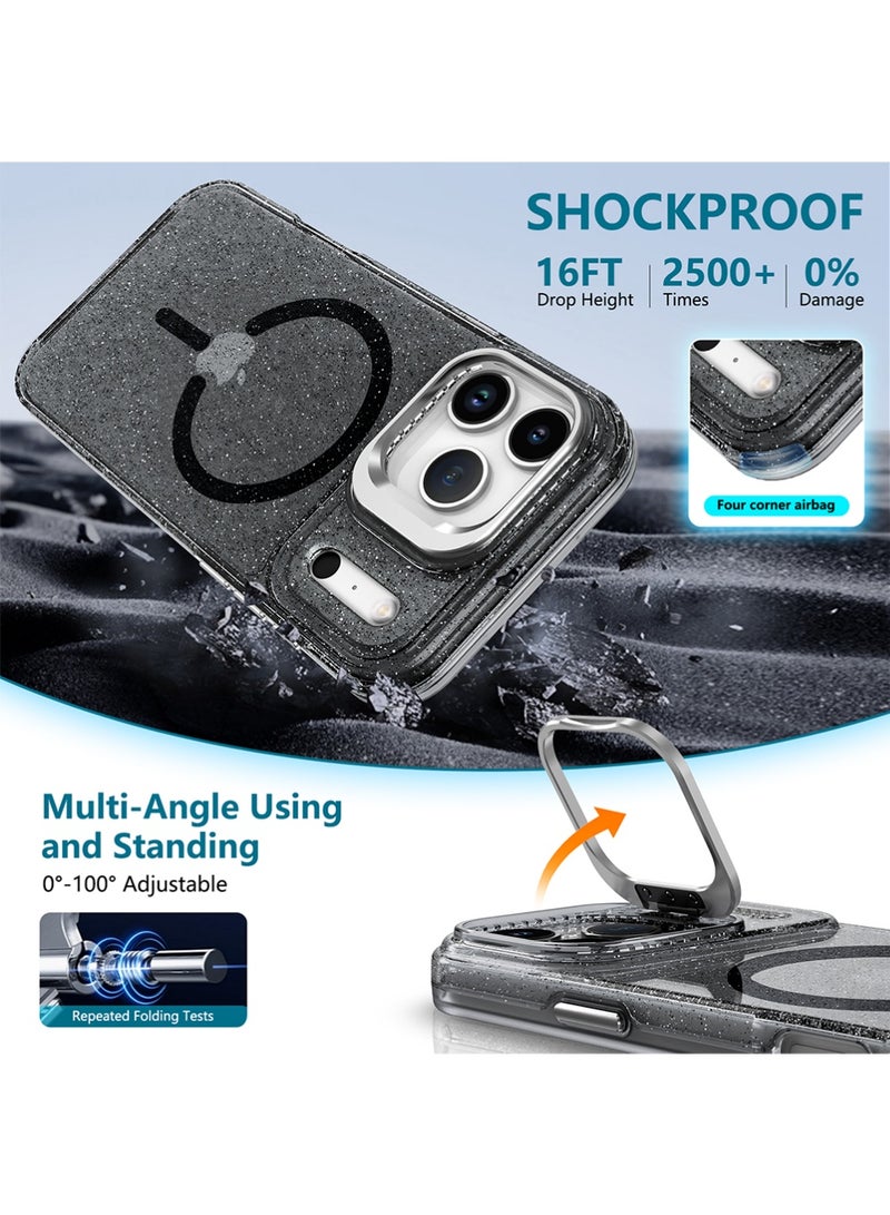 X-level iPhone 17 Pro Max Case Glitter, Compatible with MagSafe,Grade Protective Magnetic Translucent Phone Cover, Built-in Stash Camera Stand/Wrist Strap Lanyard, Black - Image 3