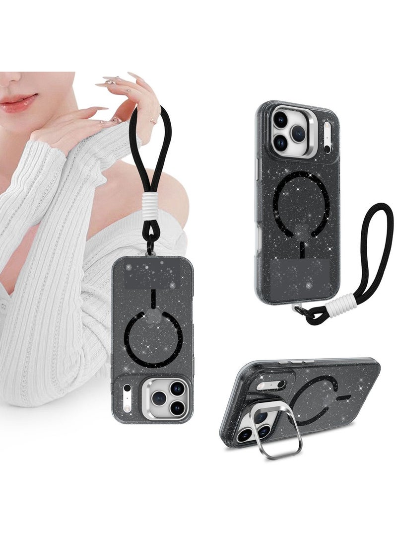 X-level iPhone 17 Pro Max Case Glitter, Compatible with MagSafe,Grade Protective Magnetic Translucent Phone Cover, Built-in Stash Camera Stand/Wrist Strap Lanyard, Black - Image 1