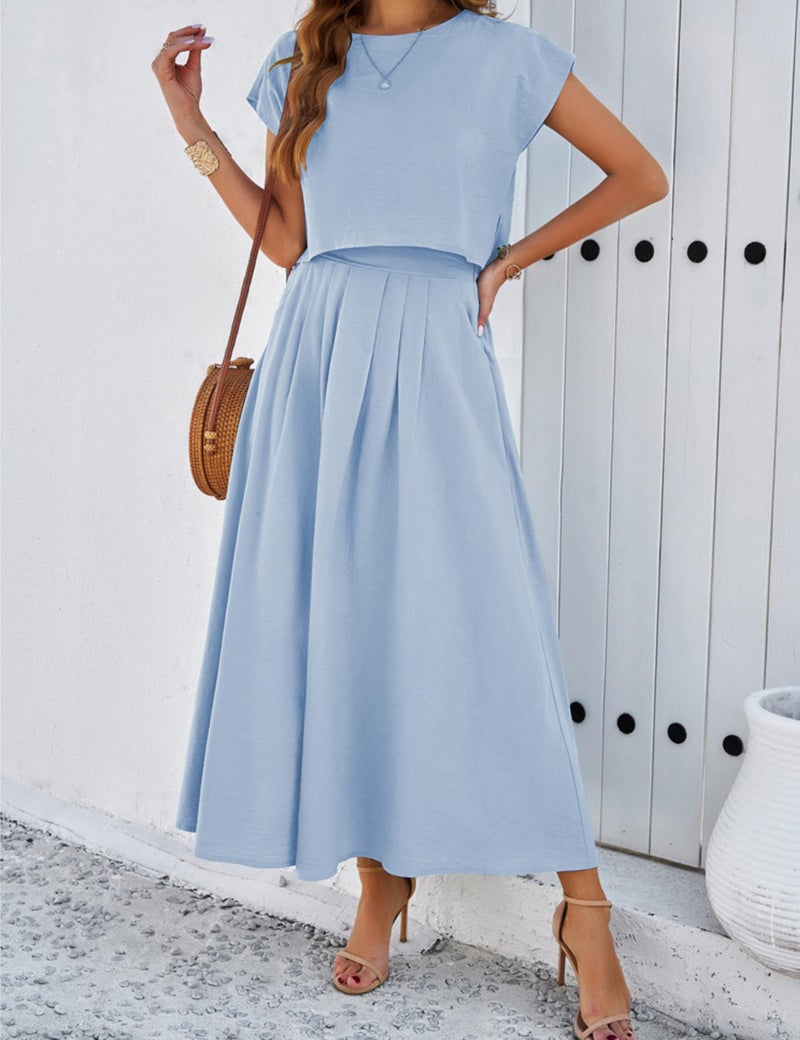 HangNiFang Summer Skirt Sets Women 2 Piece Outfits Cap Sleeve Top Elastic Waist Maxi Dress Sets with Pockets(1218-Blue-M) - Image 3