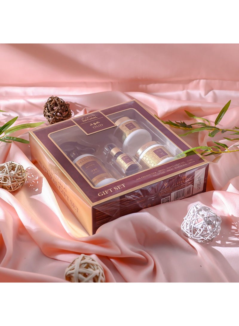 DANUBE HOME Natural 4-Piece Oud Gift Set – 300ml Air Freshener, 50g Bakhoor, 40g Muattar & 15ml Diffusion Oil | Long-Lasting Arabian Fragrance Combo for Home, Office & Gifting - Image 1