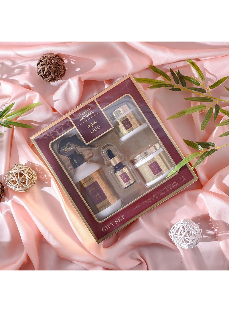 DANUBE HOME Natural 4-Piece Oud Gift Set – 300ml Air Freshener, 50g Bakhoor, 40g Muattar & 15ml Diffusion Oil | Long-Lasting Arabian Fragrance Combo for Home, Office & Gifting - Image 2