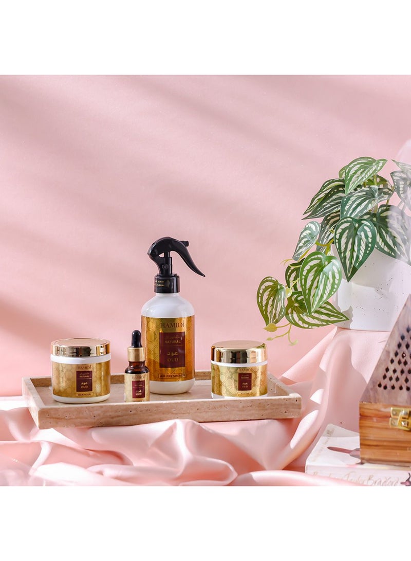 DANUBE HOME Natural 4-Piece Oud Gift Set – 300ml Air Freshener, 50g Bakhoor, 40g Muattar & 15ml Diffusion Oil | Long-Lasting Arabian Fragrance Combo for Home, Office & Gifting - Image 4