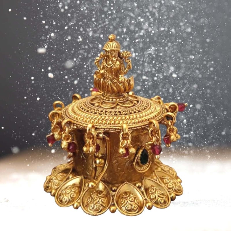 Stotram Gold Plated Antique Kempu Sindoor Box Sidoor BoxWedding GiftPooja AccessoryKumkum box LaxmiJi Stone Kempu - Image 4