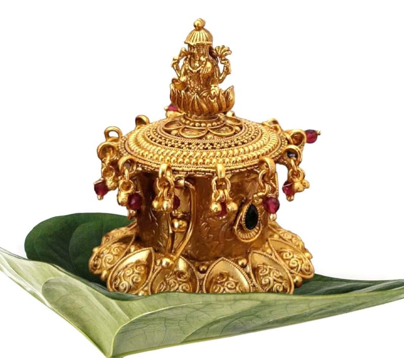 Stotram Gold Plated Antique Kempu Sindoor Box Sidoor BoxWedding GiftPooja AccessoryKumkum box LaxmiJi Stone Kempu - Image 5