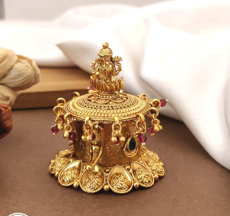 Stotram Gold Plated Antique Kempu Sindoor Box Sidoor BoxWedding GiftPooja AccessoryKumkum box LaxmiJi Stone Kempu - Image 1
