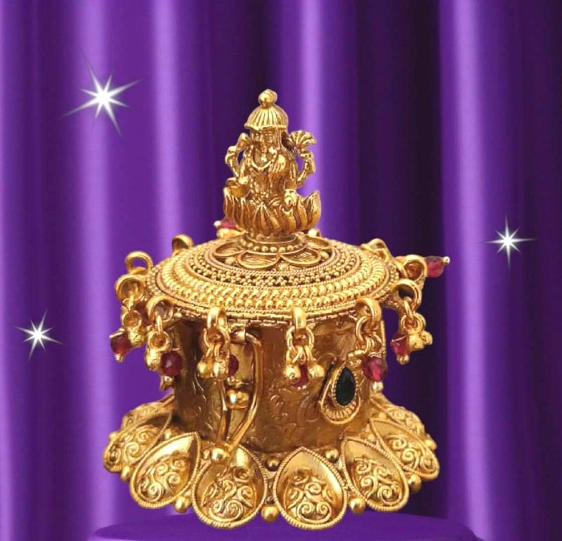 Stotram Gold Plated Antique Kempu Sindoor Box Sidoor BoxWedding GiftPooja AccessoryKumkum box LaxmiJi Stone Kempu - Image 3