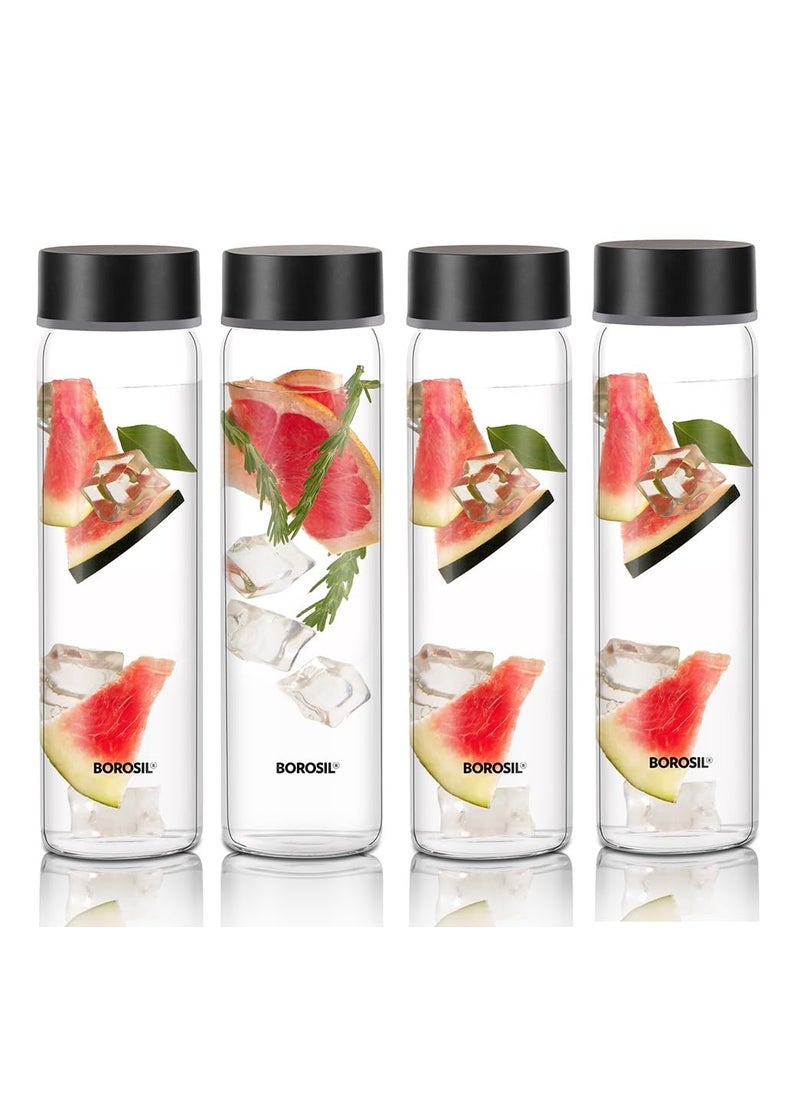 BOROSIL Borosil Neo Glass Water Bottle with Black Stainless Steel Lid  550ml Borosilicate Glass Extreme Temperature Resistant For Hot  Cold  Bottle for Water Milk Lassi Juice  Transparent 4 pc Set  - Image 1
