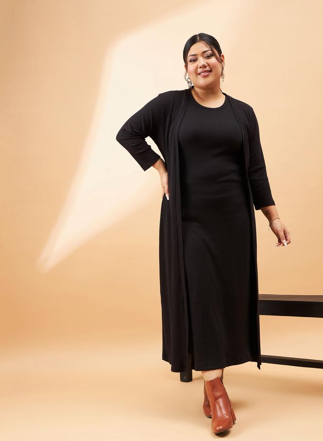 SASSAFRAS Plus Ribbed Bodycon Midi Dress with Shrug Set - Image 2