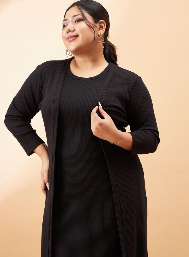 SASSAFRAS Plus Ribbed Bodycon Midi Dress with Shrug Set - Image 4