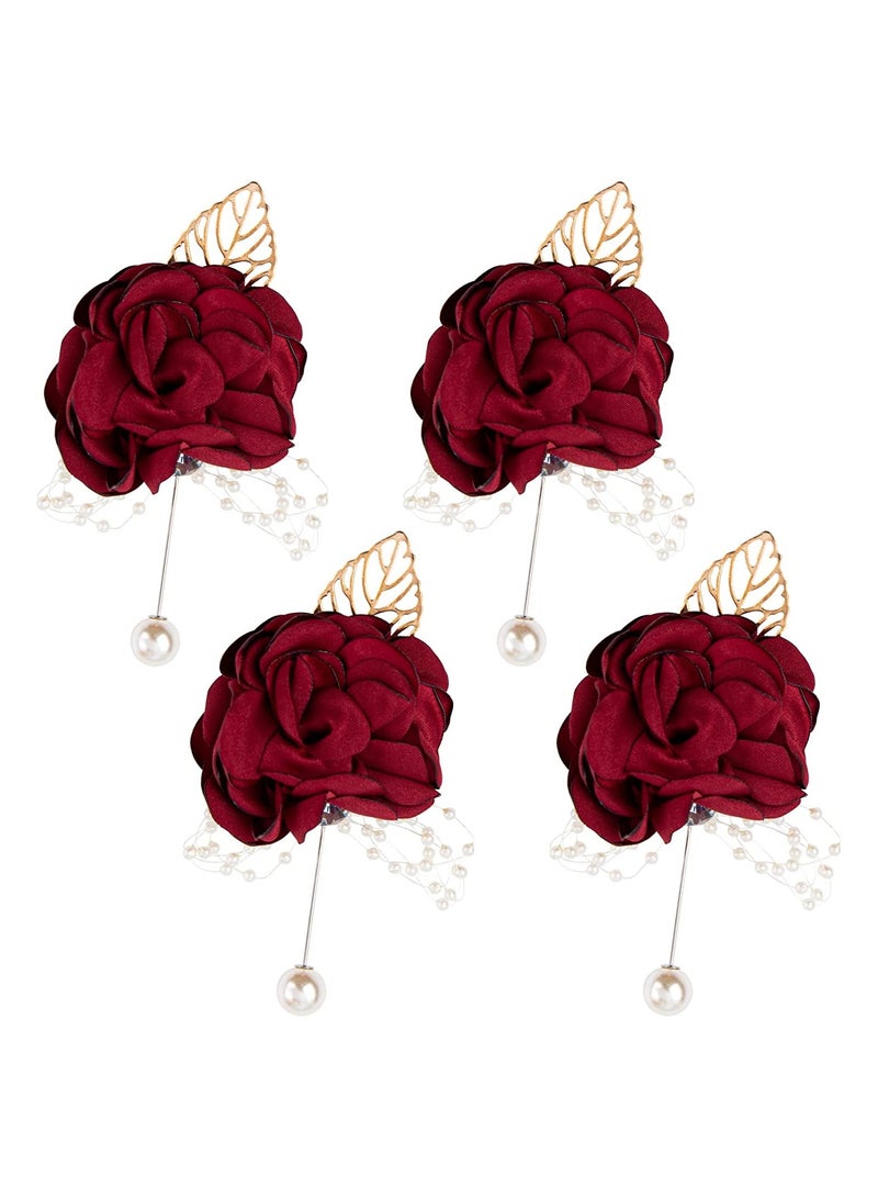 SYOSI 4 Pack Wine Red Rose Groom Flowers Boutonniere Pearl Groomsmen Brooch for Party Decoration Party Decoration - Image 1