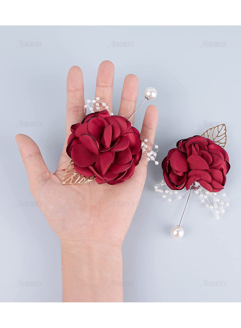SYOSI 4 Pack Wine Red Rose Groom Flowers Boutonniere Pearl Groomsmen Brooch for Party Decoration Party Decoration - Image 4