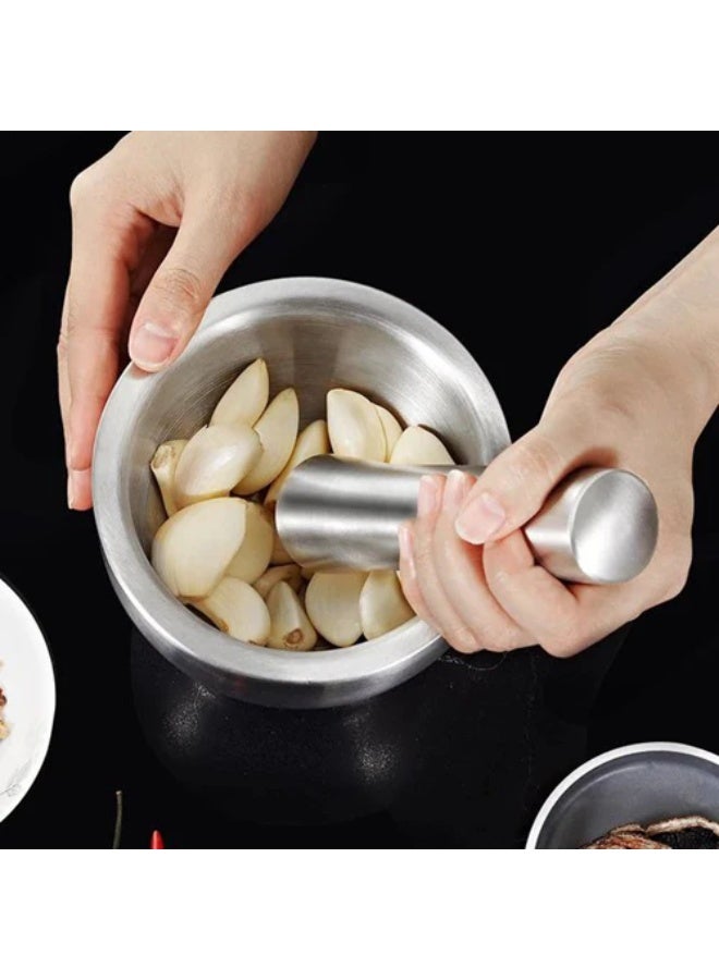 SuS 304 Stainless steel mortar and pestle tool with non-rust surface, ideal for garlic paste, herbal grinding, pill mixing, sesame crushing, and enhancing food preparation efficiency - Image 3