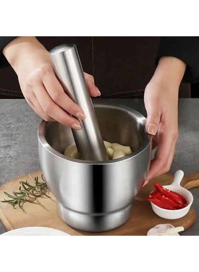 SuS 304 Stainless steel mortar and pestle tool with non-rust surface, ideal for garlic paste, herbal grinding, pill mixing, sesame crushing, and enhancing food preparation efficiency - Image 1