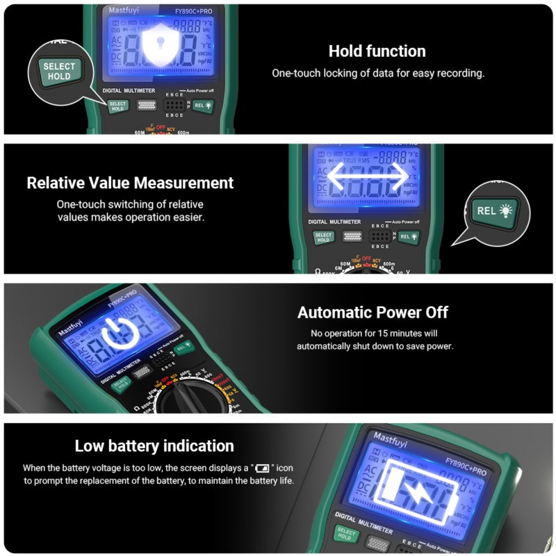 مقياس متعدد الرقم Mastfuyi FY890C+PRO 6000 عد لتيار متردد/مباشر 2000 فولت/20 أمبير RMS حقيقي ومتحرك للدرجة الحرارة للكهربائيين والطاقة الفوتوفولتية والتنقيب - Image 5