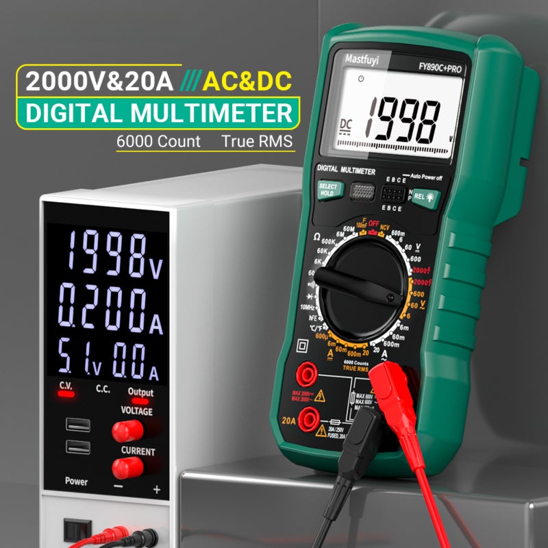 مقياس متعدد الرقم Mastfuyi FY890C+PRO 6000 عد لتيار متردد/مباشر 2000 فولت/20 أمبير RMS حقيقي ومتحرك للدرجة الحرارة للكهربائيين والطاقة الفوتوفولتية والتنقيب - Image 3