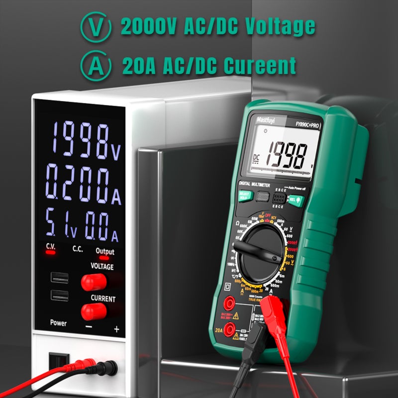 مقياس متعدد الرقم Mastfuyi FY890C+PRO 6000 عد لتيار متردد/مباشر 2000 فولت/20 أمبير RMS حقيقي ومتحرك للدرجة الحرارة للكهربائيين والطاقة الفوتوفولتية والتنقيب - Image 4