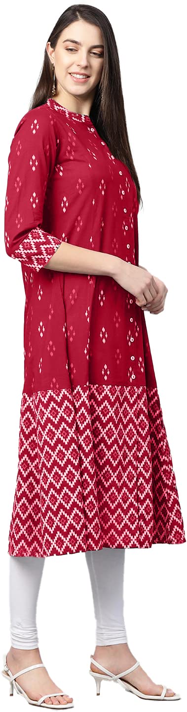 Yash Gallery كورتا نسائية من قطن ياش غاليري بتصميم إيكات (أحمر، XS) - Image 3
