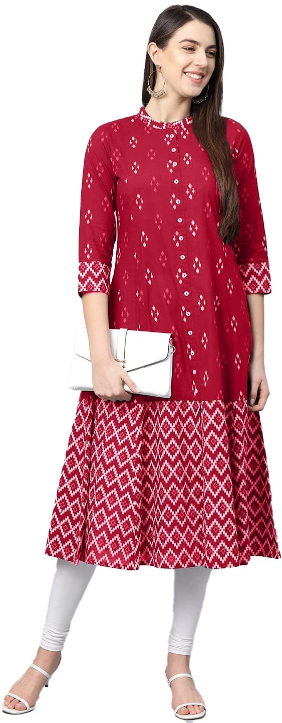 Yash Gallery كورتا نسائية من قطن ياش غاليري بتصميم إيكات (أحمر، XS) - Image 2