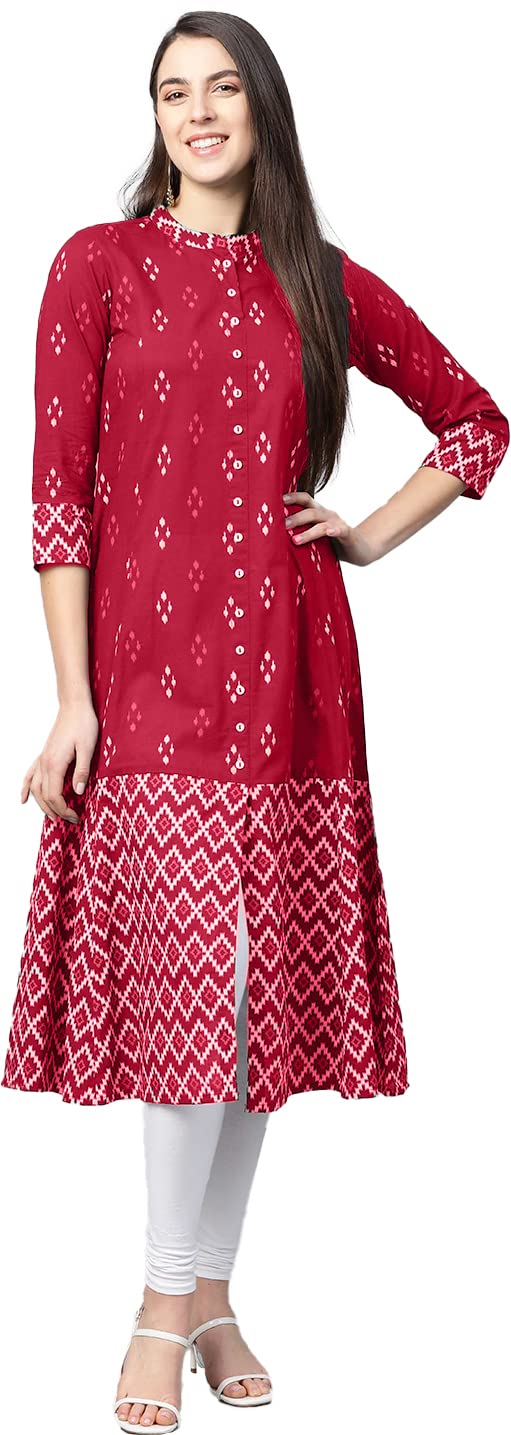Yash Gallery كورتا نسائية من قطن ياش غاليري بتصميم إيكات (أحمر، XS) - Image 1