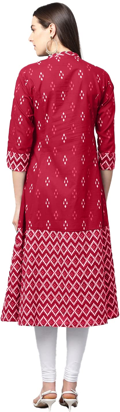 Yash Gallery كورتا نسائية من قطن ياش غاليري بتصميم إيكات (أحمر، XS) - Image 4