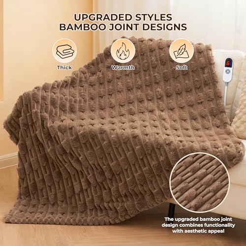 CURECURE Heated Throw Blanket 50"x60", Electric Blanket with Bamboo Pattern, Luxury Faux Rabbit Fur&Soft Flannel, 6 Heat Settings, 1-4 Hour Auto Shut-Off, Machine Washable (Dark Brown) - Image 2