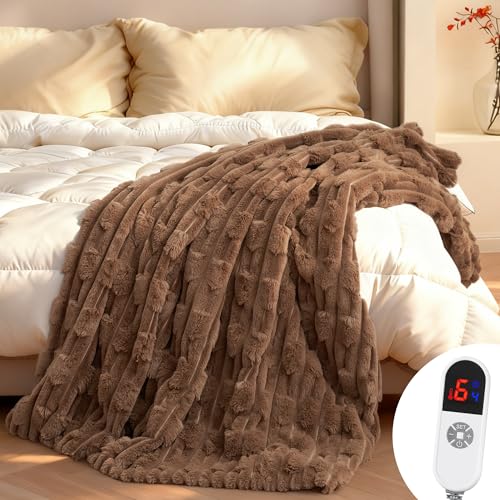 CURECURE Heated Throw Blanket 50"x60", Electric Blanket with Bamboo Pattern, Luxury Faux Rabbit Fur&Soft Flannel, 6 Heat Settings, 1-4 Hour Auto Shut-Off, Machine Washable (Dark Brown) - Image 1