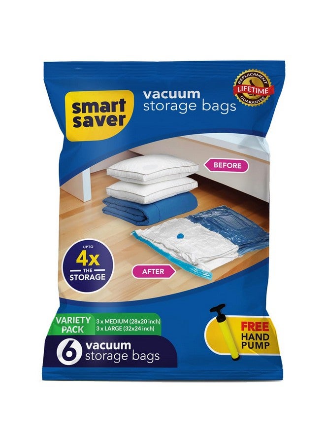 Smart Saver أكياس فراغ ذكية 6 عبوات للسفر أكياس ضغط للملابس، أكياس ختم فراغ، أكياس محكمة الإغلاق قابلة لإعادة الاستخدام مع مضخة يد للسفر، بلاستيك - Image 1