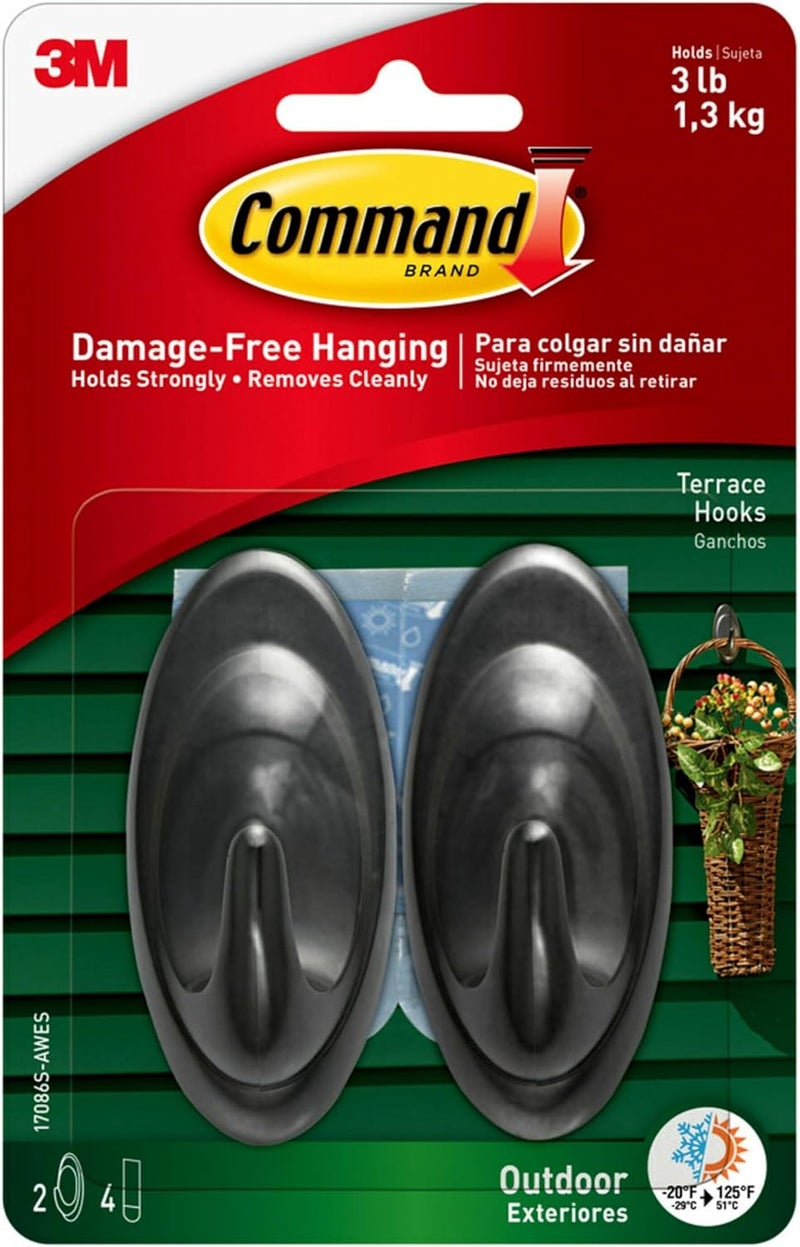 Command Outdoor Terrace Hooks, 2 Hooks and 4 Strips, Damage-Free Hanging Wall Hook for Hanging Christmas Decorations with Weather Resistant Strips, Holds up to 3 lb - Image 1