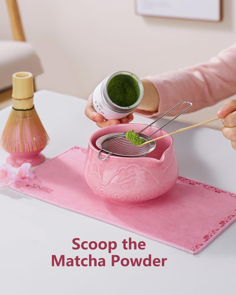 ZENS Matcha Whisk Set, 6pcs Matcha Set Pink Includes 15oz Ceramic Bowl and Bamboo Whisk (Chasen Holder) Scoop, 304 Sifter & Pink Tea Mat, Japanesse Matcha Kit for Matcha Latte-Making - Image 2