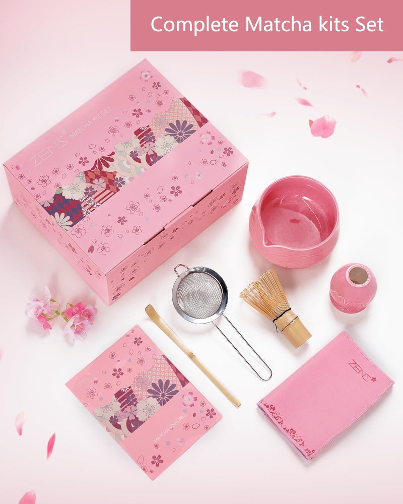 ZENS Matcha Whisk Set, 6pcs Matcha Set Pink Includes 15oz Ceramic Bowl and Bamboo Whisk (Chasen Holder) Scoop, 304 Sifter & Pink Tea Mat, Japanesse Matcha Kit for Matcha Latte-Making - Image 5