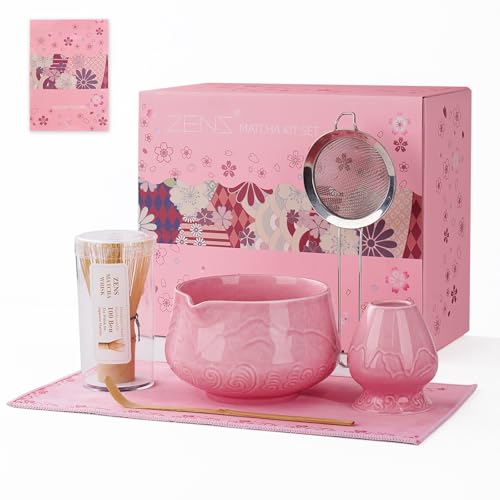 ZENS Matcha Whisk Set, 6pcs Matcha Set Pink Includes 15oz Ceramic Bowl and Bamboo Whisk (Chasen Holder) Scoop, 304 Sifter & Pink Tea Mat, Japanesse Matcha Kit for Matcha Latte-Making - Image 1