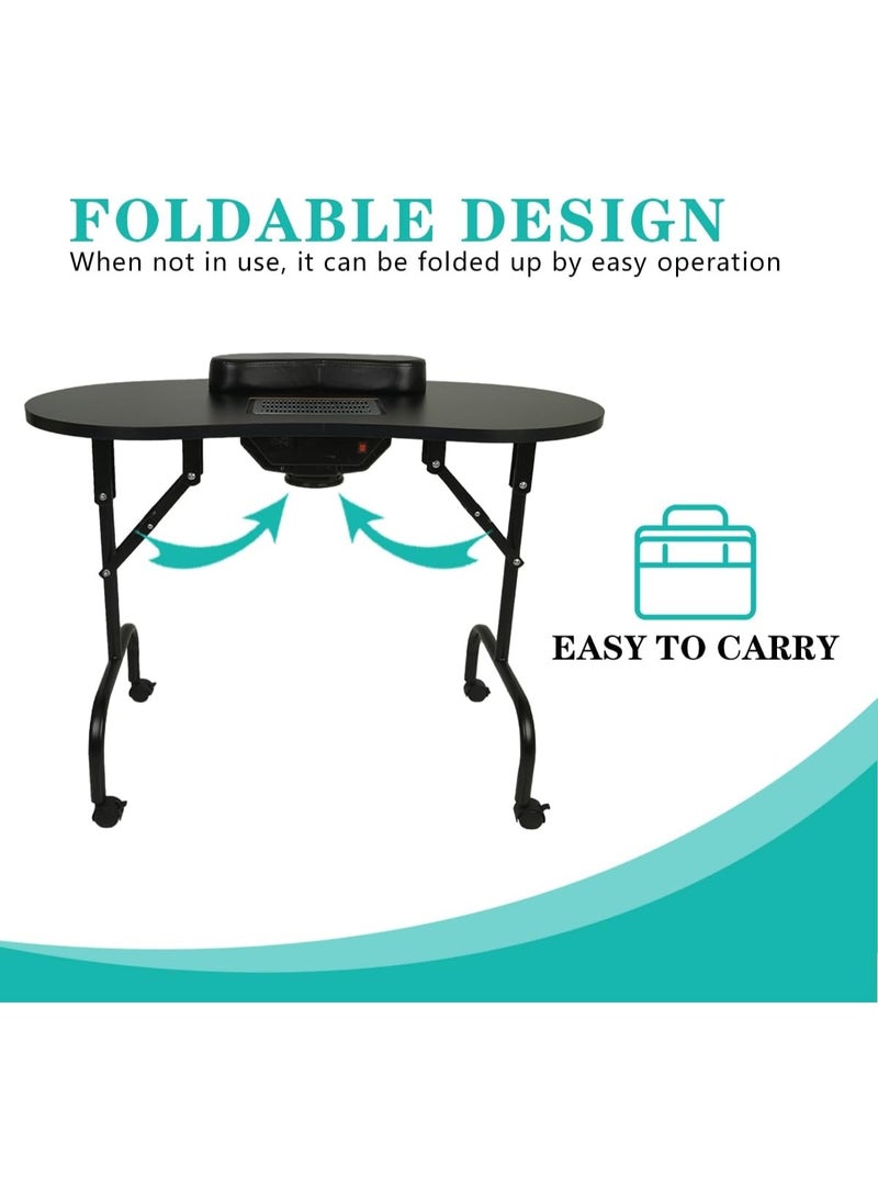 Meishida Portable Manicure Table Foldable Professional Nail Desk with Dust Collector Nail Tech Table for Technician Spa Salon Workstation, Client Wrist Pad Carry Bag 4 Lockable Wheels - Black - Image 3