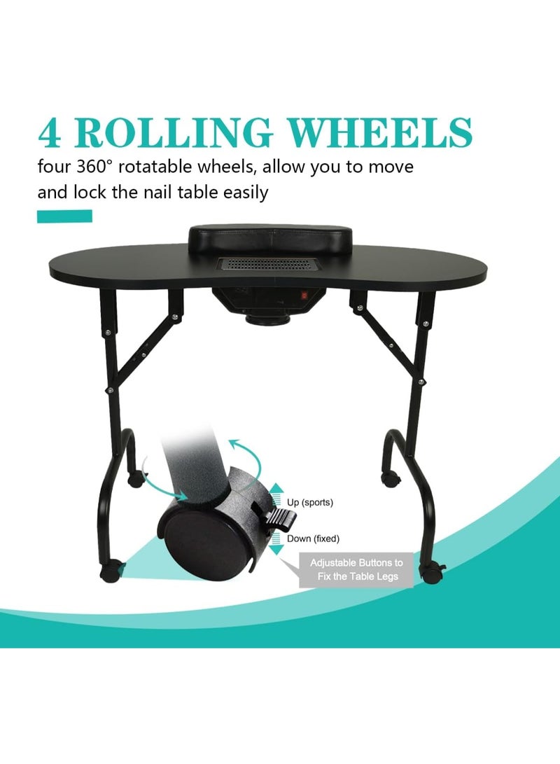 Meishida Portable Manicure Table Foldable Professional Nail Desk with Dust Collector Nail Tech Table for Technician Spa Salon Workstation, Client Wrist Pad Carry Bag 4 Lockable Wheels - Black - Image 2