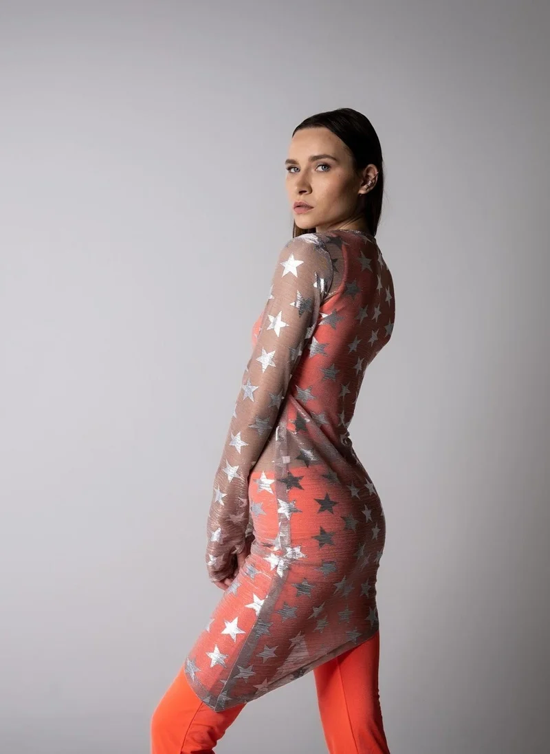 JANARA JONES  Pink Shimmering Mesh Silver Stars Lilly Dress for Women | Best Price UAE