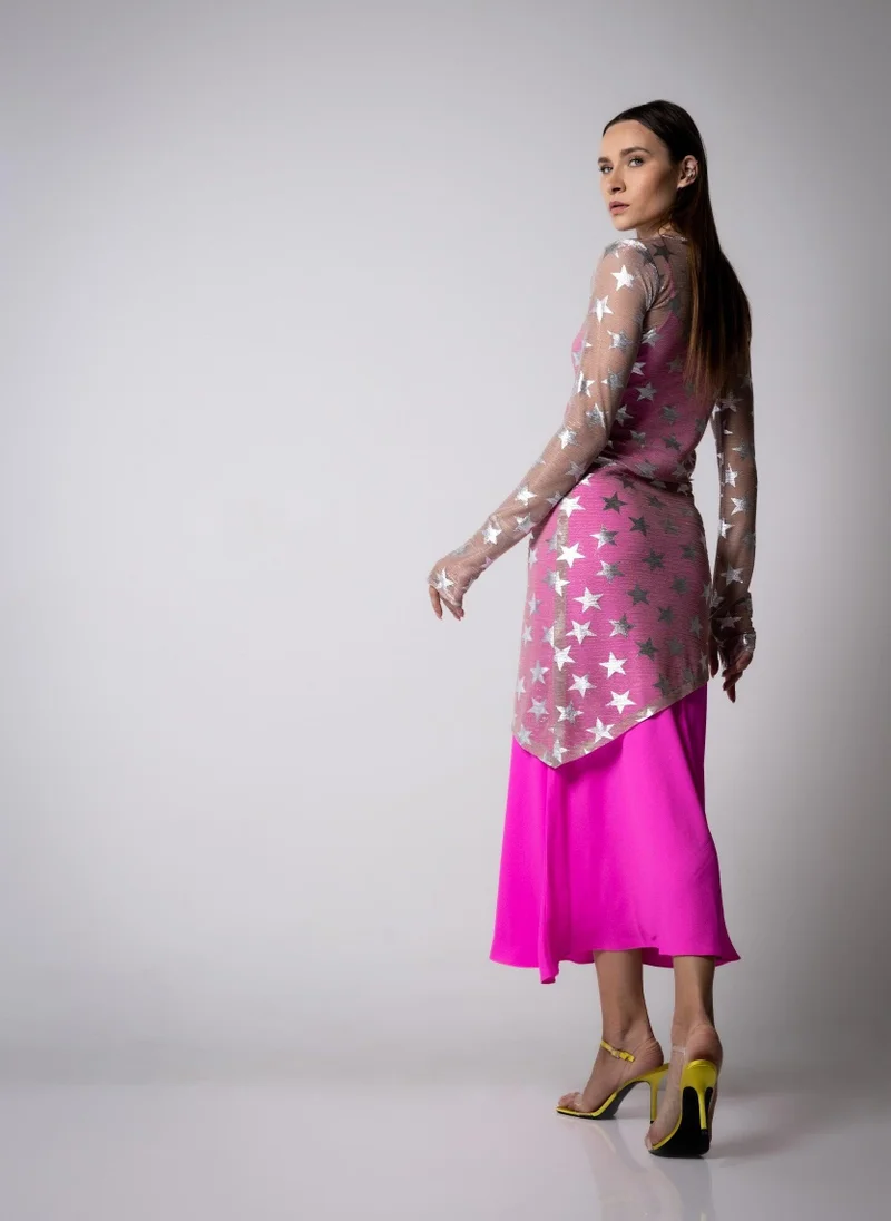 JANARA JONES  Pink Shimmering Mesh Silver Stars Lilly Dress for Women | Best Price UAE