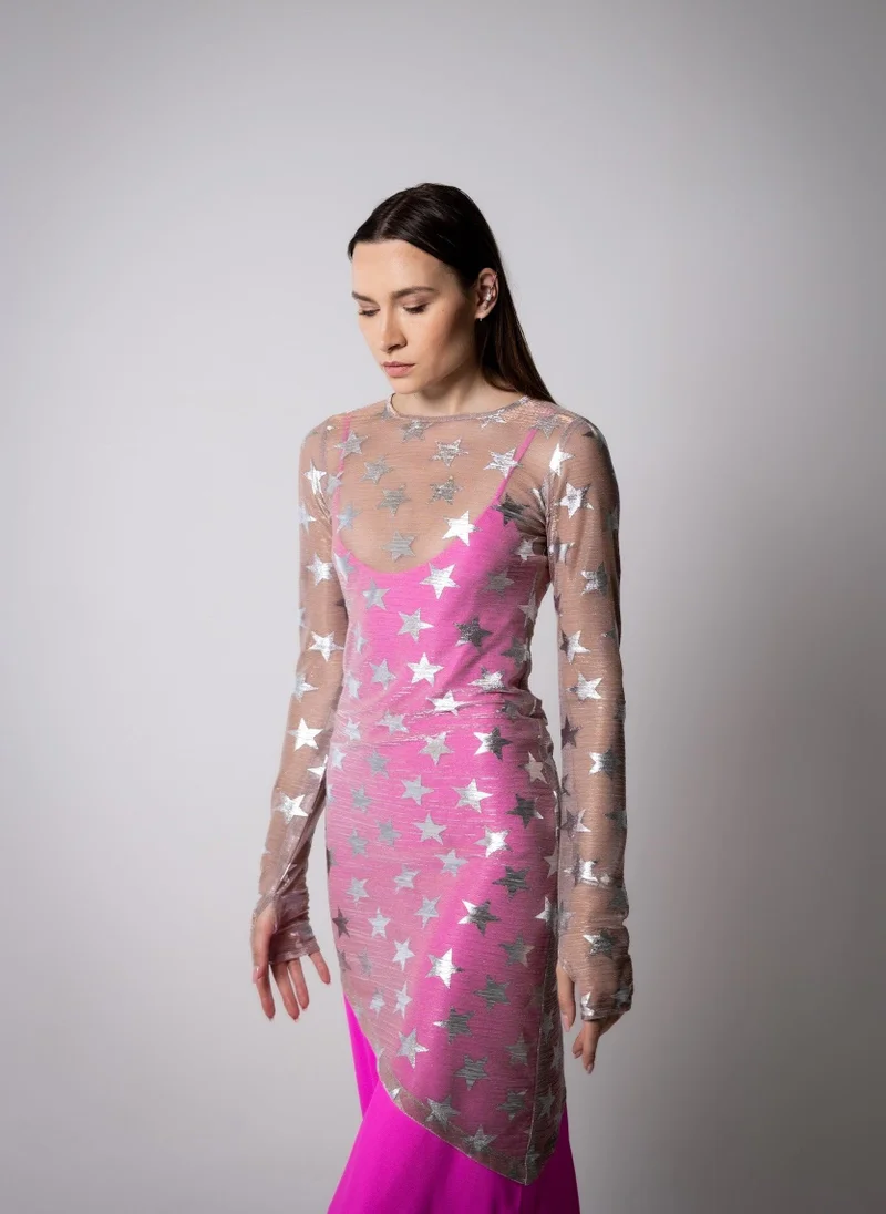 JANARA JONES  Pink Shimmering Mesh Silver Stars Lilly Dress for Women | Best Price UAE