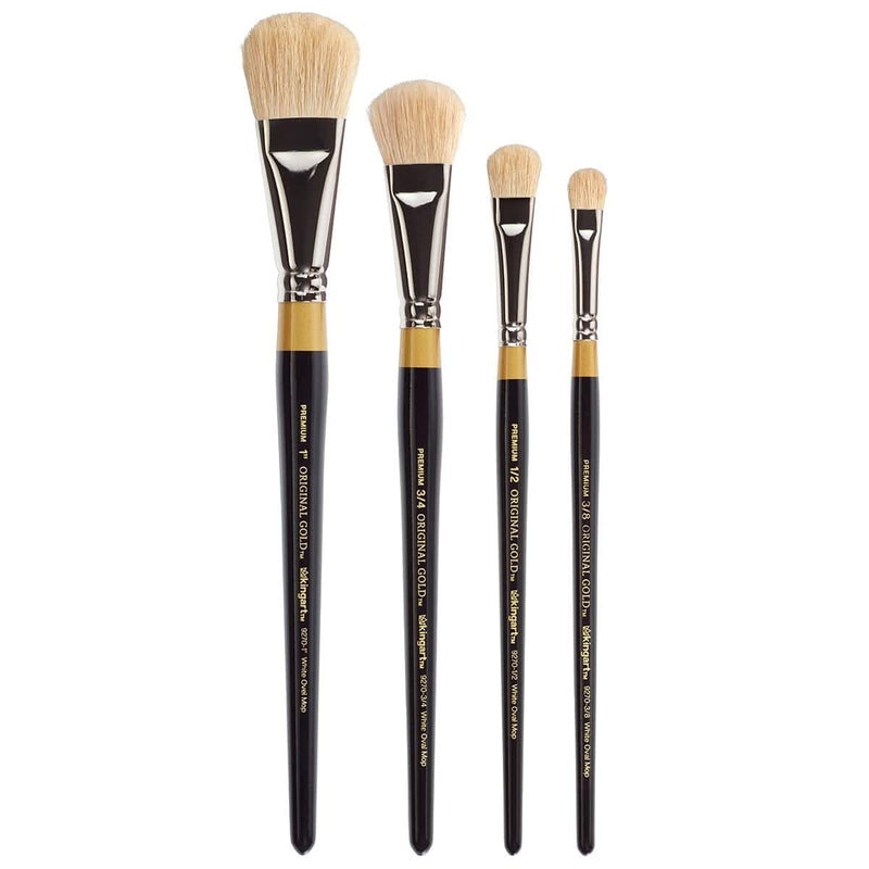 KINGART KINGART B096 Premium 4 pc Original Gold 9270 Series Oval MOP Brush Set Soft White Synthetic Hair for Acrylic Oil Watercolor Paint Short Handle 4 Brushes Sizes 38 12 34 1