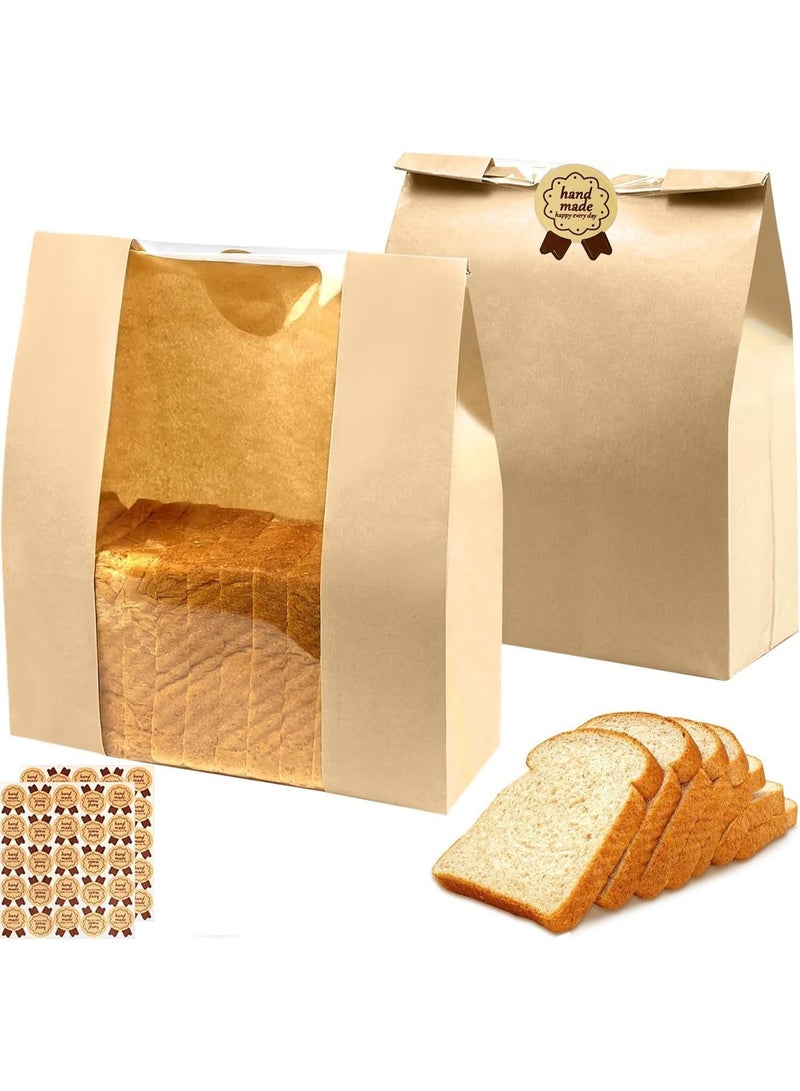 50 Pcs Kraft Paper Bread Bags, Brown Paper Lunch Bag, with Window, for Baked Food Packaging Storage Bakery Bags Sweet Bags, Label Seal Sticker Included, 32 X 21 X 10CM - Image 1
