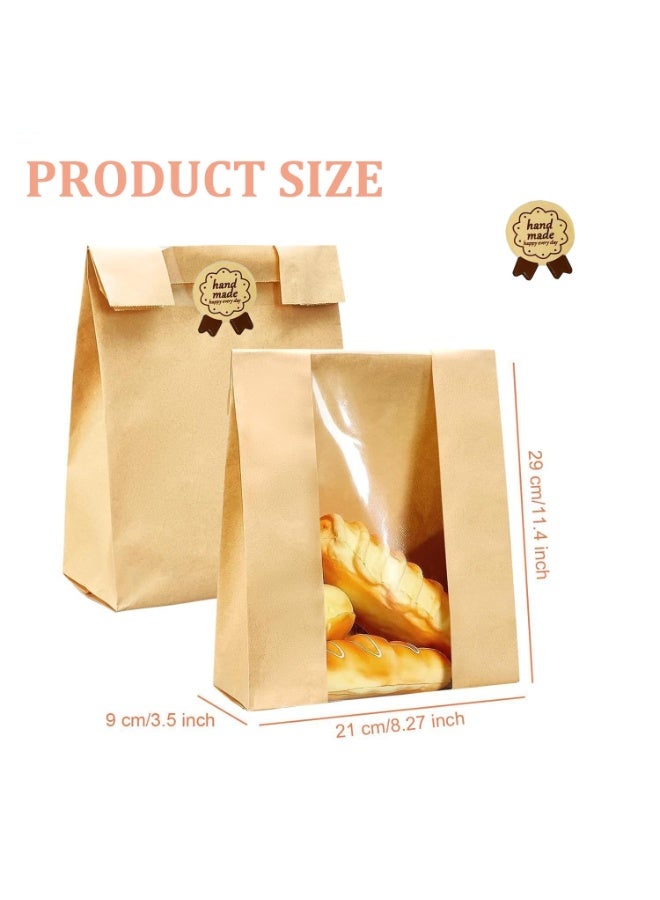 50 Pcs Kraft Paper Bread Bags, Brown Paper Lunch Bag, with Window, for Baked Food Packaging Storage Bakery Bags Sweet Bags, Label Seal Sticker Included, 32 X 21 X 10CM - Image 2