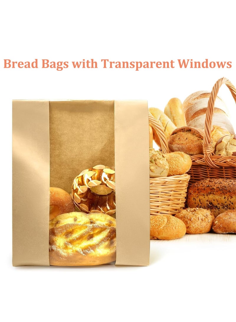 50 Pcs Kraft Paper Bread Bags, Brown Paper Lunch Bag, with Window, for Baked Food Packaging Storage Bakery Bags Sweet Bags, Label Seal Sticker Included, 32 X 21 X 10CM - Image 3