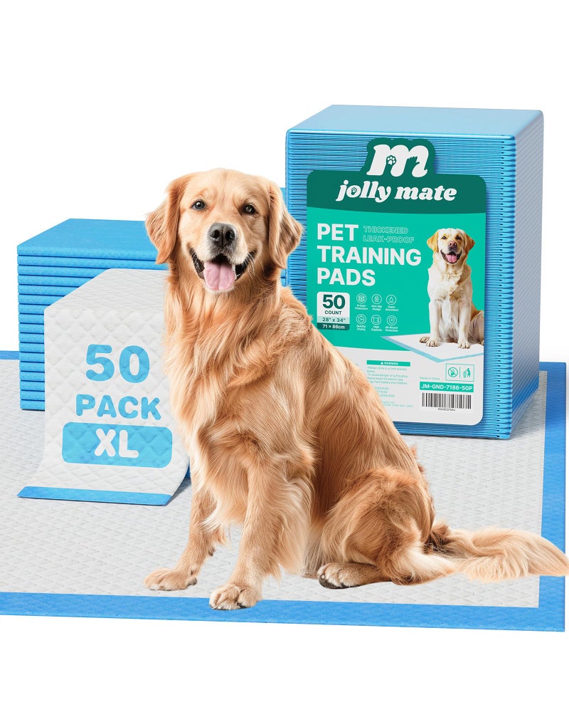 JollyMate 28"x34" Dog Pee Pads Extra Large, 50 Pack X-Large Super Absorbent Pet Pee Pads with Adhesive Tabs, 6 Layers Thick Leak-Proof Potty Pads for Dogs and Puppies - Image 1